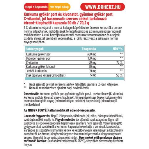 DR Herz Kurkuma + Gyömbér + C-vitamin + Cink 90 db XL
