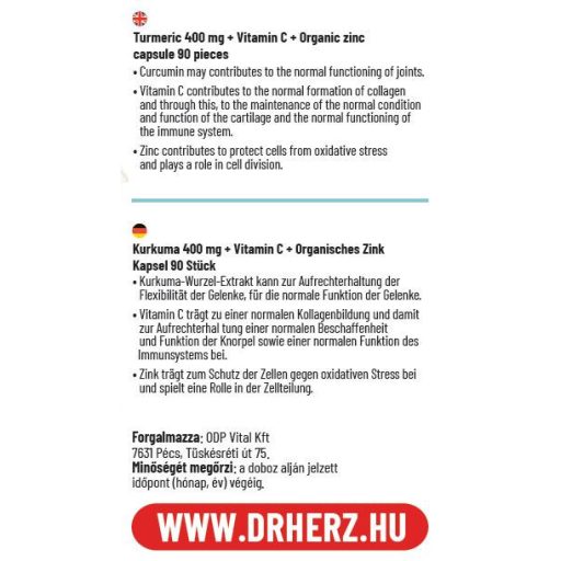 DR Herz Kurkuma + Gyömbér + C-vitamin + Cink 90 db XL