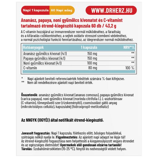 DR Herz Ananász + Papaya + Noni + C-vitamin 60 db kapszula doboz
